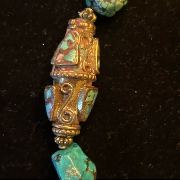 Vintage Tibet Brass Inlaid Turquoise Beads Large Medallion Statement Necklace - Picture 7 of 8